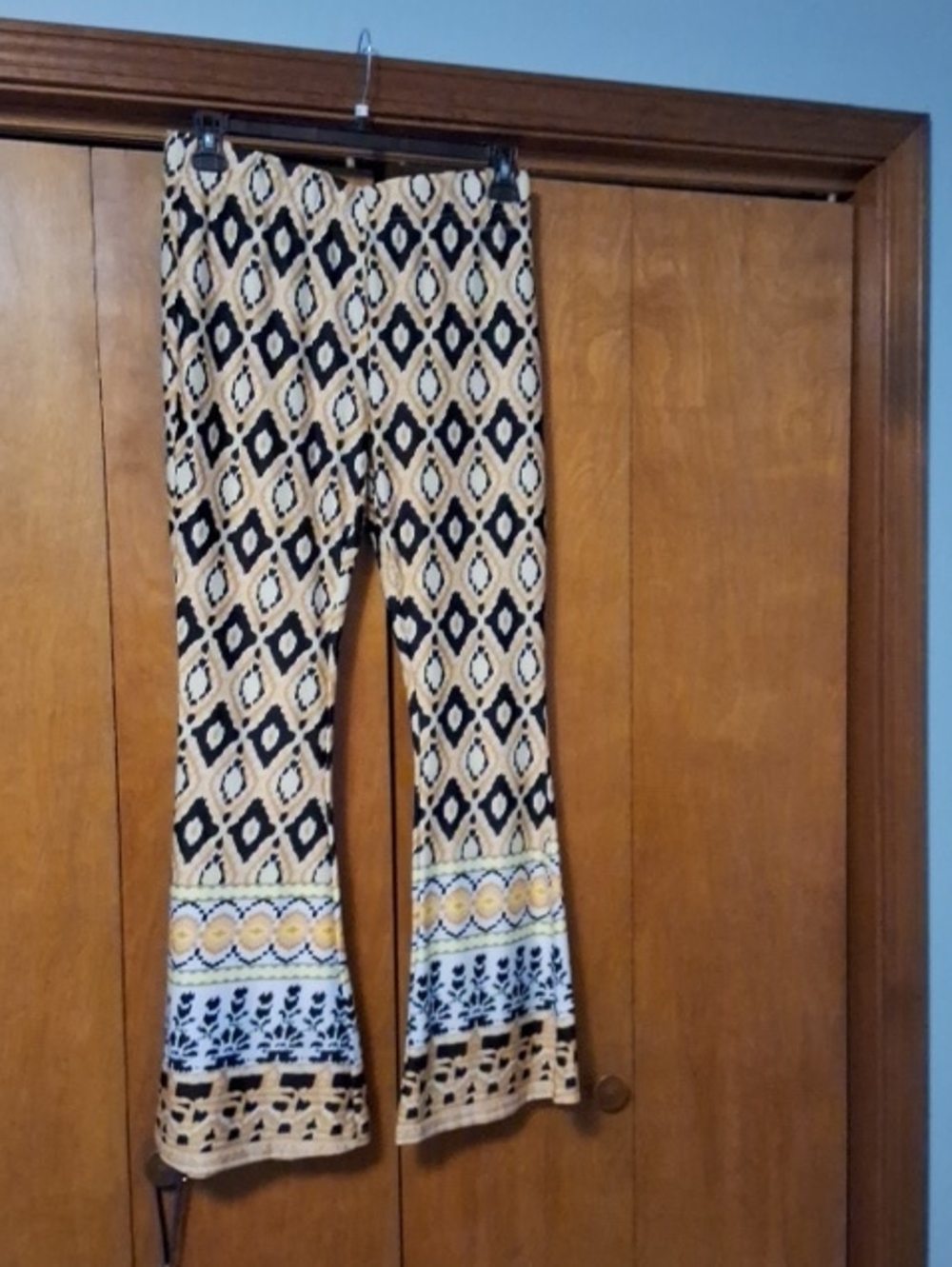 Magic Beige Black Patterned Boot-Cut Pants with Yellow Accents